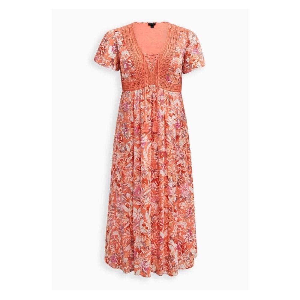 Torrid Coral Floral Crinkled Gauze Crochet Lace Up Tea Length Dress w/ Pockets 2